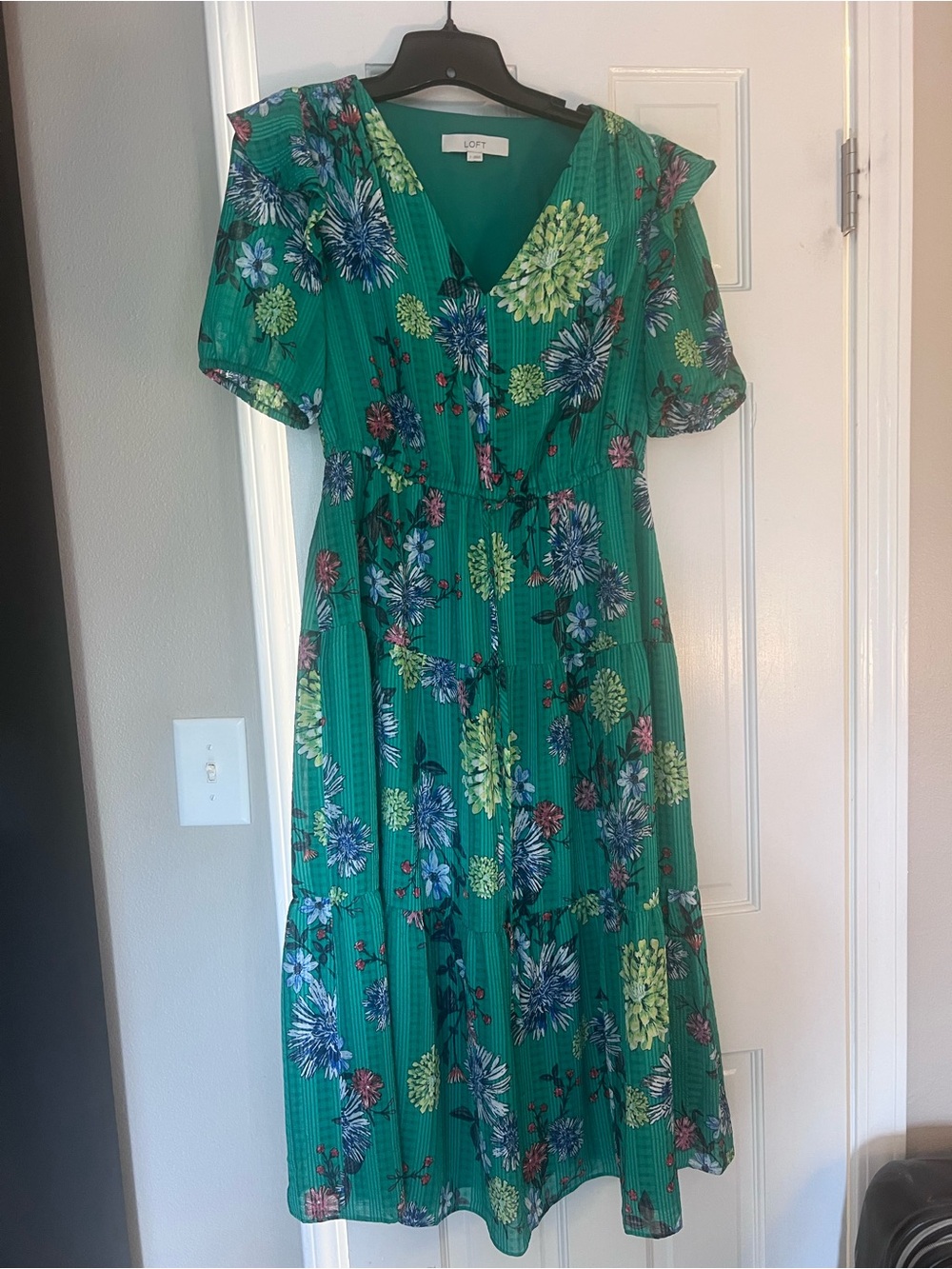 LOFT Green Floral Button-Front Midi Dress